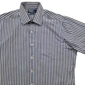 Polo Ralph‎ Lauren Curham Blue Striped Button Up Short Sleeve Shirt Mens 16.5